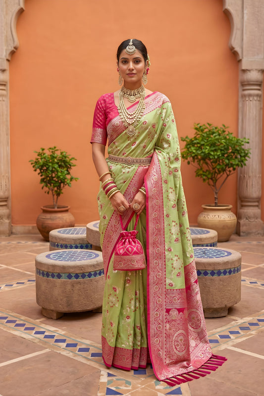 Graceful Pista Green Soft Banarasi Silk Saree Weaving Meenakari Design for Women