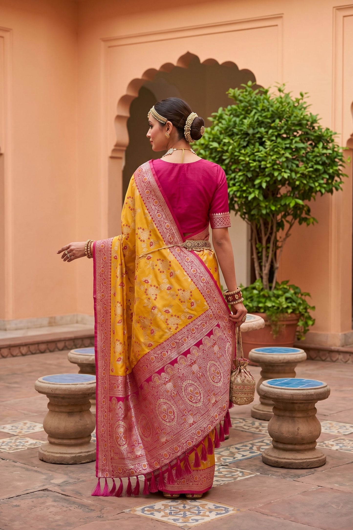 Mustard Yellow Soft Banarasi Silk Saree Weaving Meenakari Design for Women