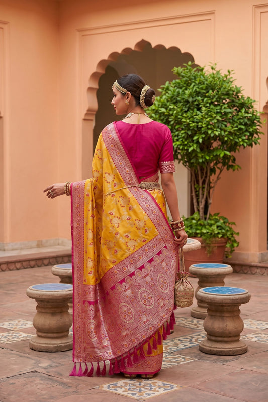 Mustard Yellow Soft Banarasi Silk Saree Weaving Meenakari Design for Women