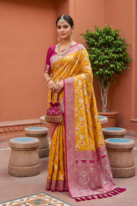 Mustard Yellow Soft Banarasi Silk Saree Weaving Meenakari Design for Women