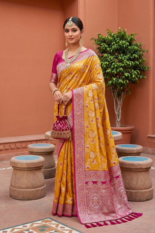 Premium Mustard Yellow Soft Banarasi Silk Saree Zari Weaving Meenakari Work for Women