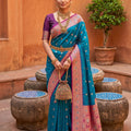 Stunning Teal Blue Soft Silk Saree with Zari Weaving for Women