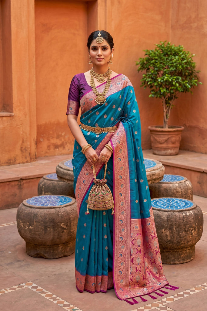 Stunning Teal Blue Soft Silk Saree with Zari Weaving for Women