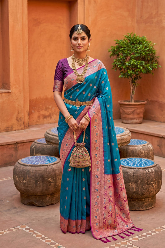 Stunning Teal Blue Soft Silk Saree with Zari Weaving for Women