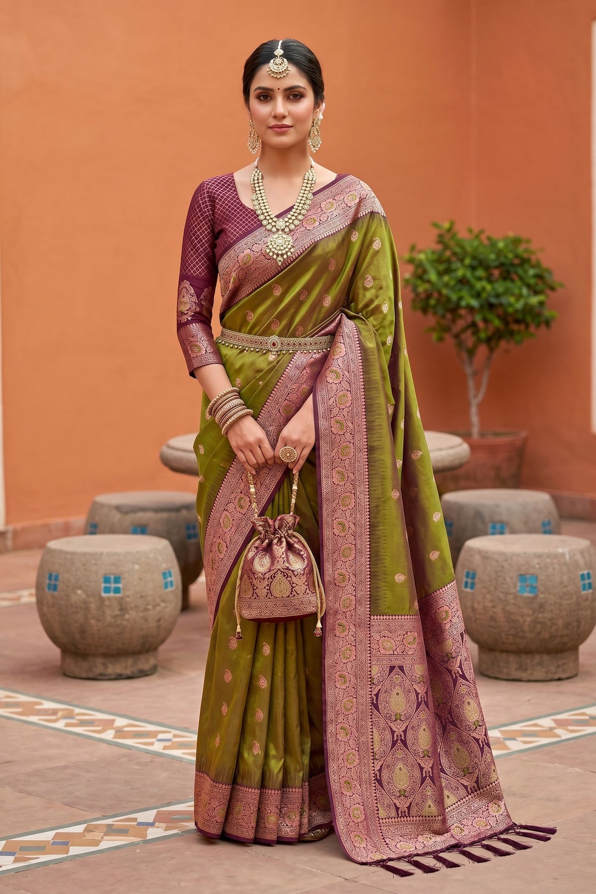 Graceful Olive Green Soft Silk Saree with Zari Weaving for Women