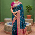 Royal Teal Blue Soft Silk Saree with Zari Weaving for Women