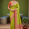Graceful Lime Green Soft Silk Saree with Zari Weaving for Women
