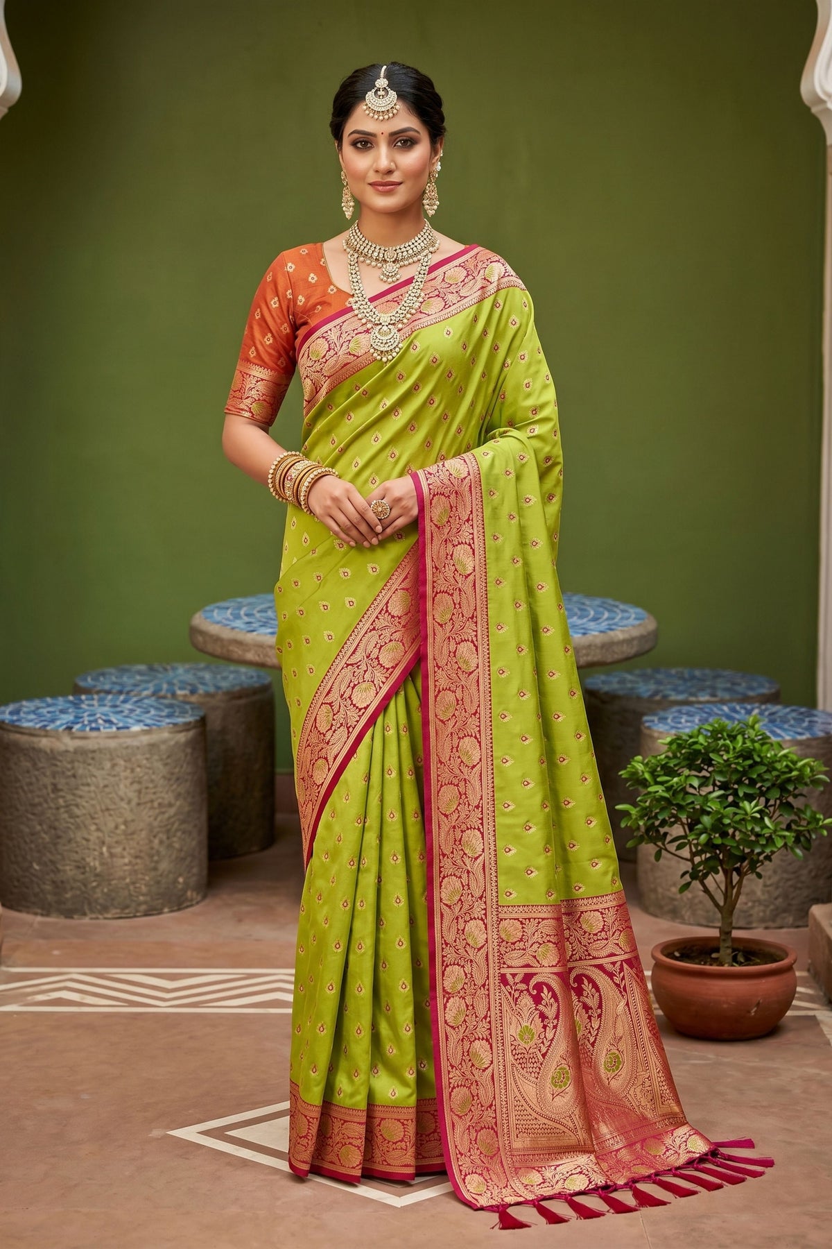 Graceful Lime Green Soft Silk Saree with Zari Weaving for Women