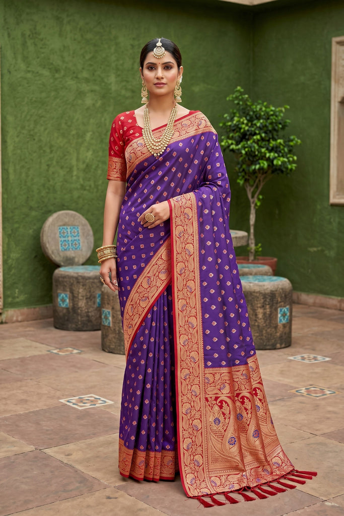 Vibrant Purple Soft Silk Saree with Zari Weaving for Women