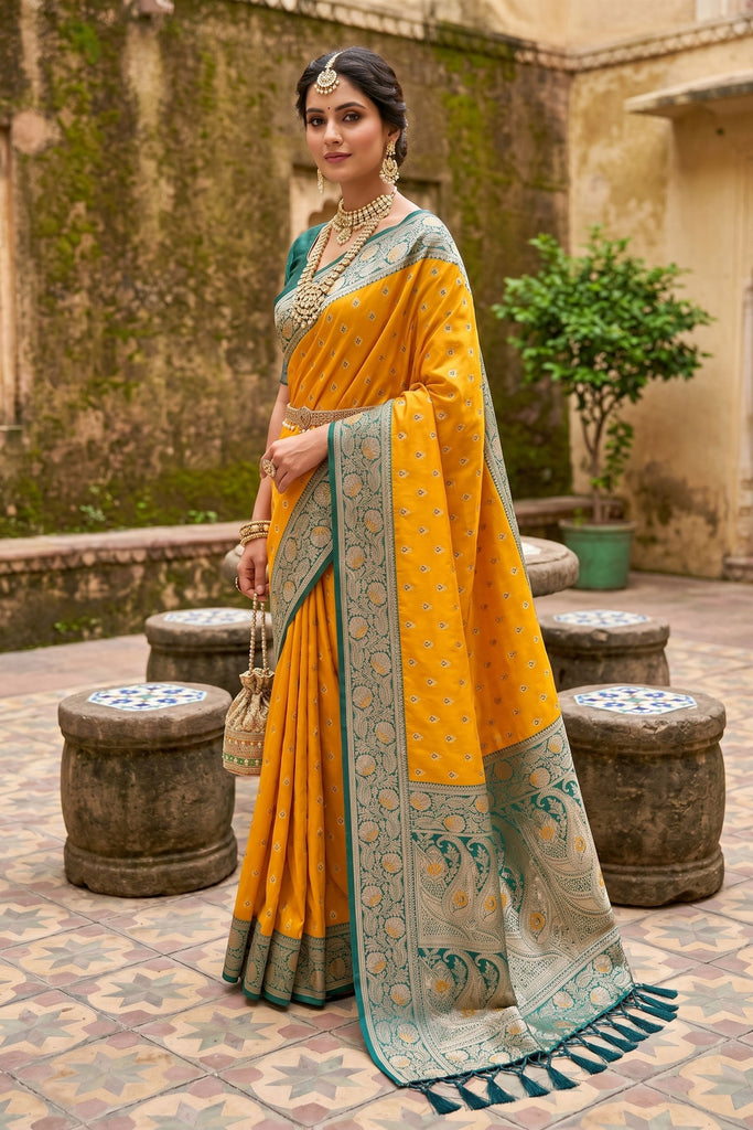 Trendy Mustard Yellow Soft Silk Saree with Zari Weaving for Women