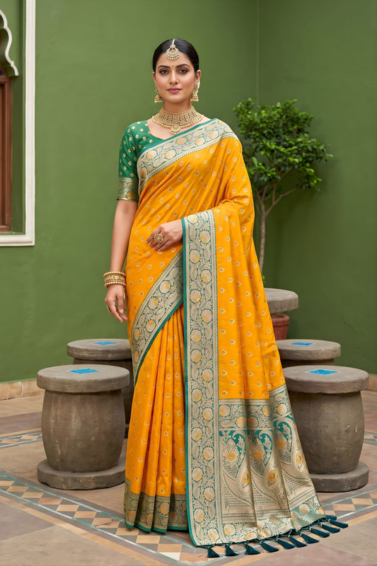 Luxury Mustard Yellow Soft Silk Saree Zari Weaving Meenakari Motifs for Wedding