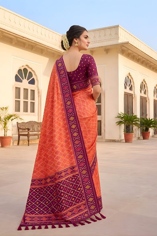 Elegant Peach Soft Patola Silk Saree Zari Weaving Meenakari Patola Design