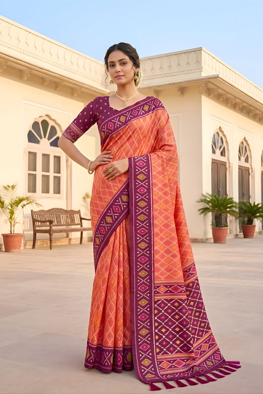 Elegant Peach Soft Patola Silk Saree Zari Weaving Meenakari Patola Design