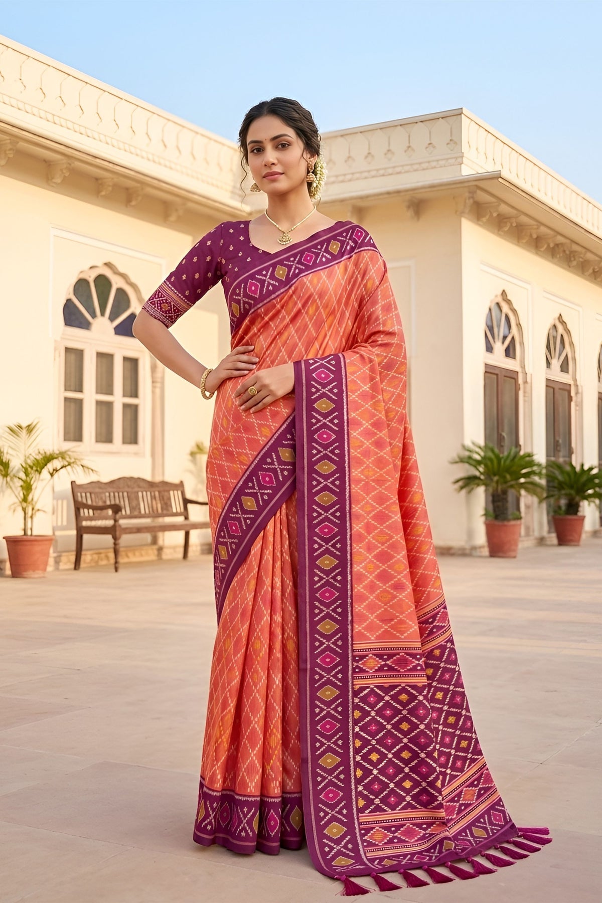 Stylish Peach Soft Patola Silk Saree Zari Weaving Work for Women