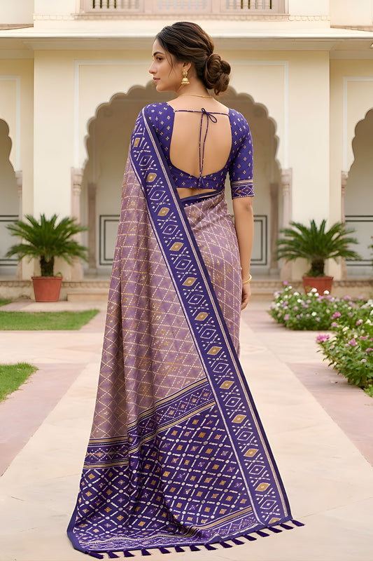Stylish Lavender Soft Patola Silk Saree Zari Weaving Meenakari Patola Design