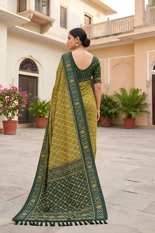 Gracefull Olive Green Soft Patola Silk Saree Zari Weaving Meenakari Patola Design