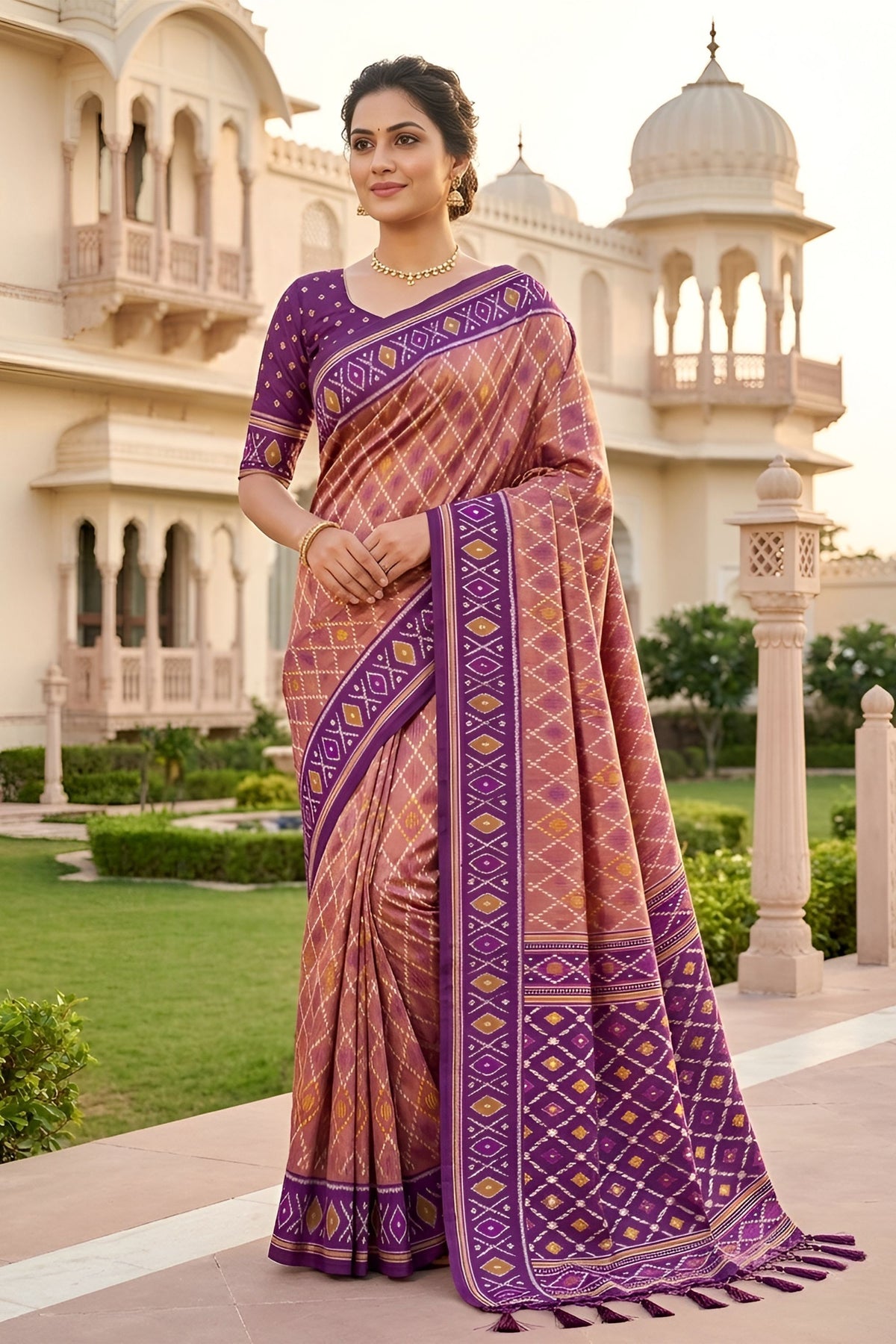Stylish Mauve Soft Patola Silk Saree with Zari Weaving Work for Women