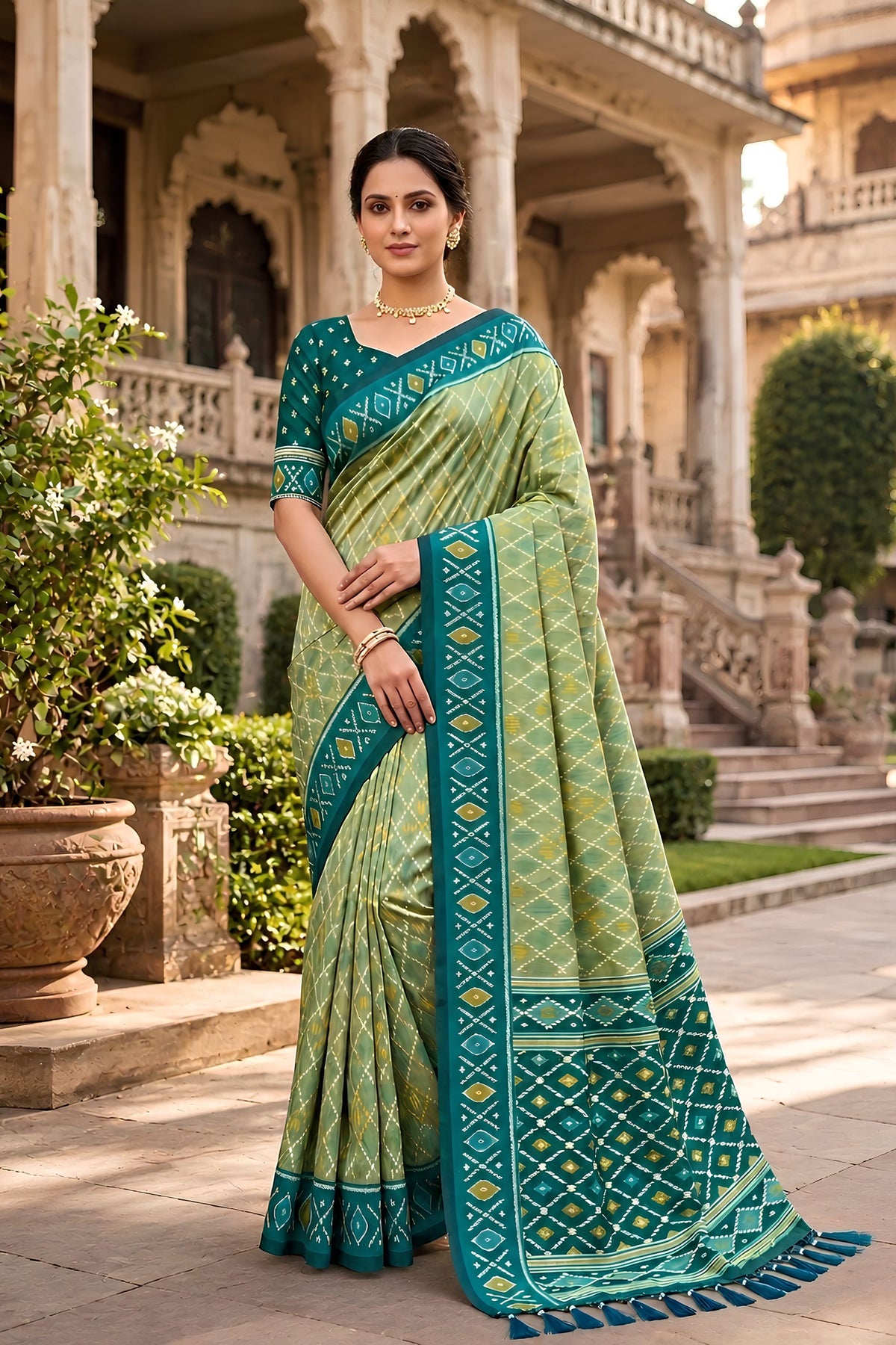 Grateful Green Soft Patola Silk Saree with Zari Weaving Work for Women