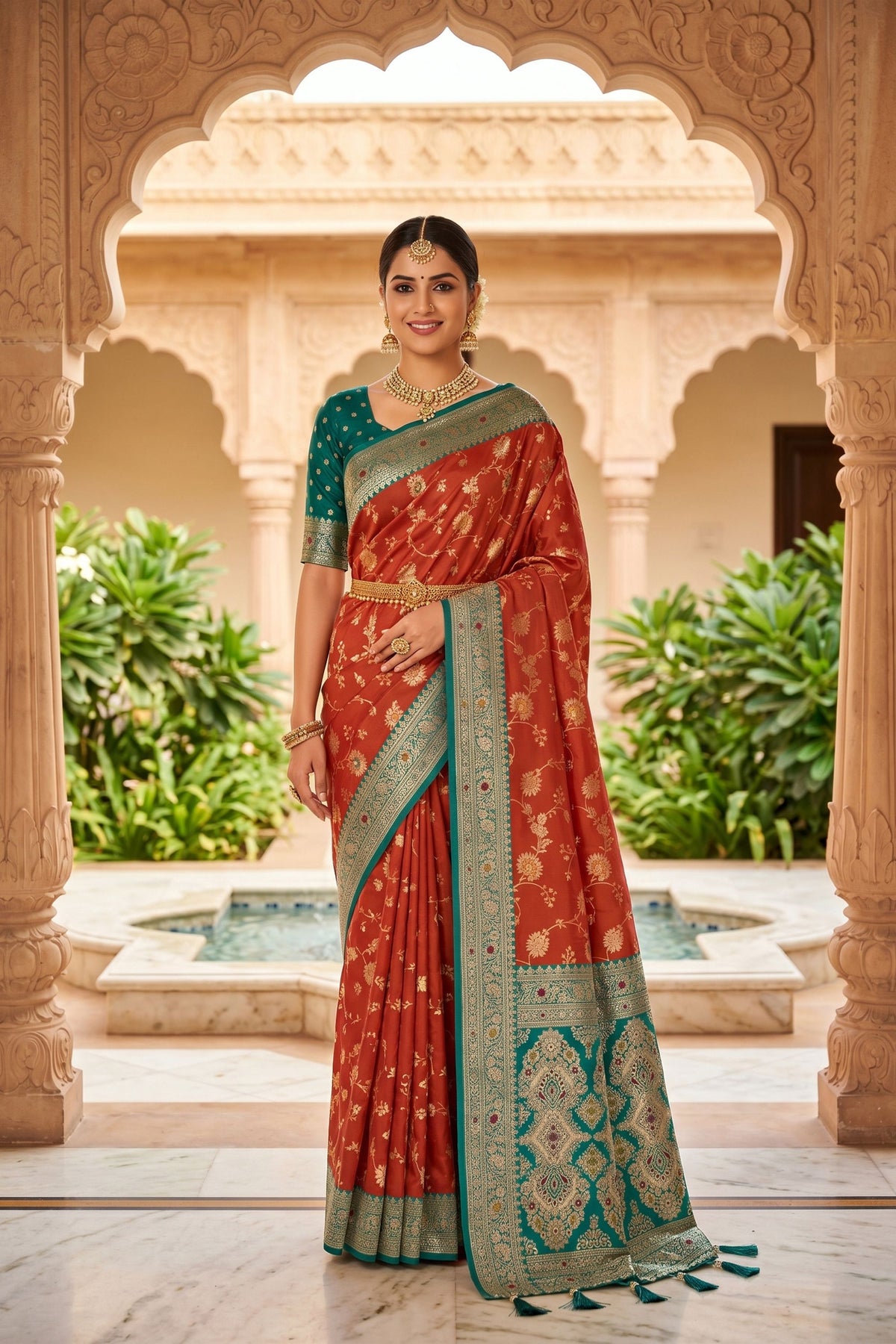 Premium Rust Orange Soft Banarasi Silk Saree with Zari Weaving Work for Women