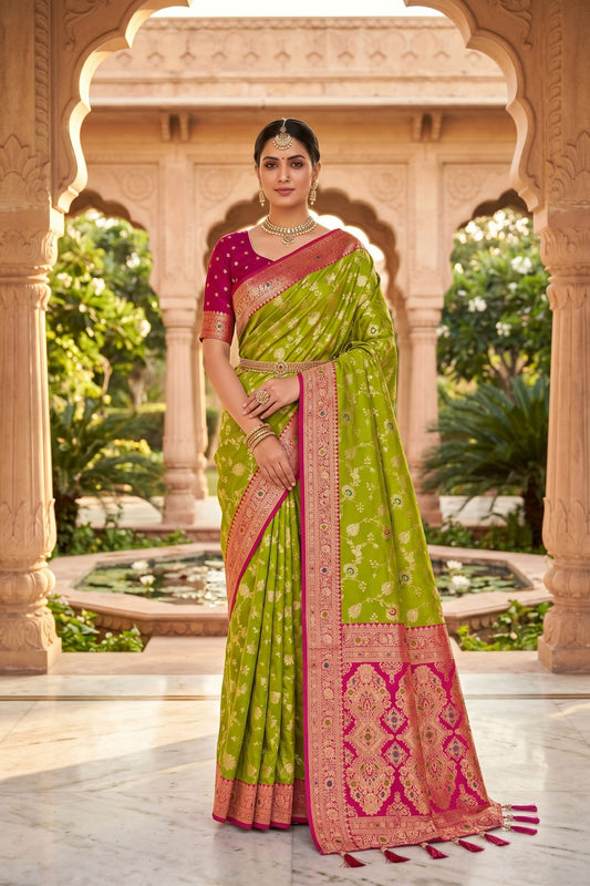 Stylish Lime Green Soft Banarasi Silk Saree Zari Weaving Work for Women