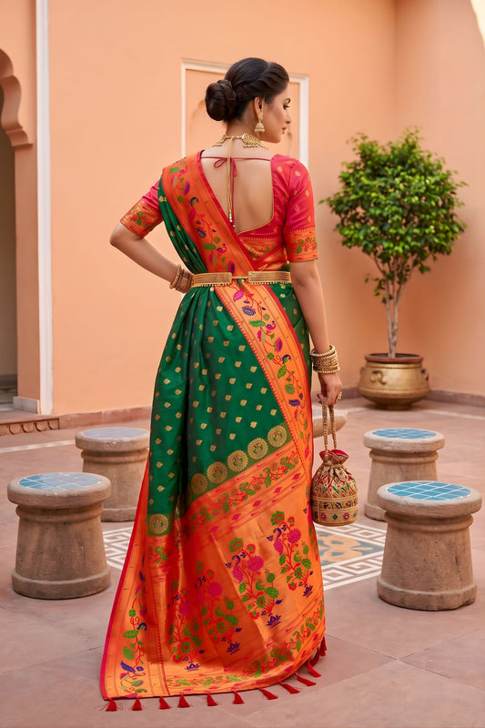 Gracefull Green Soft Paithani Silk Saree Meenakari Motifs Design for Women