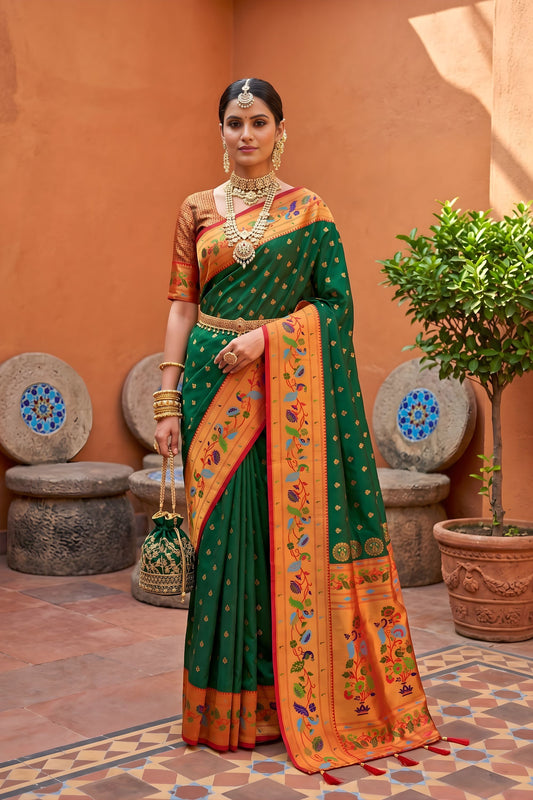 Gracefull Green Soft Paithani Silk Saree Meenakari Motifs Design for Women