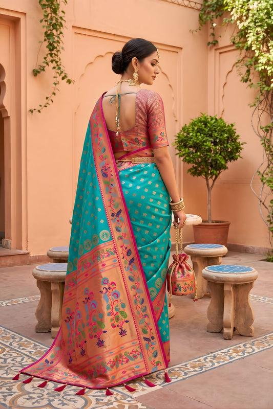 Royal Sky Blue Soft Paithani Silk Saree Meenakari Motifs Design for Women