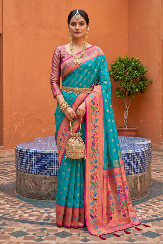Royal Sky Blue Soft Paithani Silk Saree Meenakari Motifs Design for Women