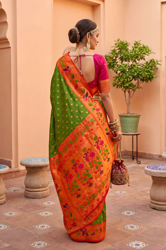 Graceful Parrot Green Soft Paithani Silk Saree Meenakari Motifs Design for Women