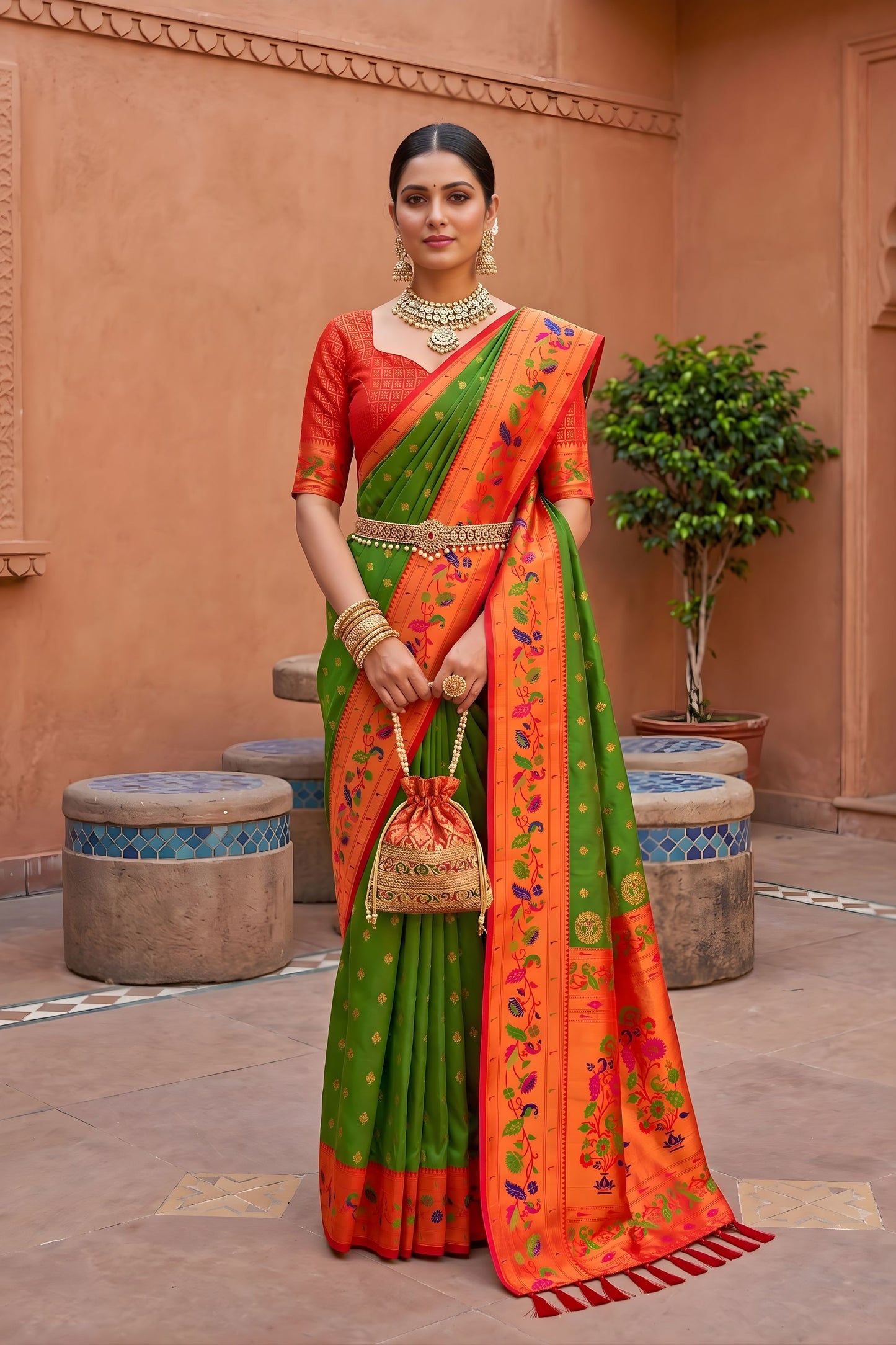 Graceful Parrot Green Soft Paithani Silk Saree Meenakari Motifs Design for Women