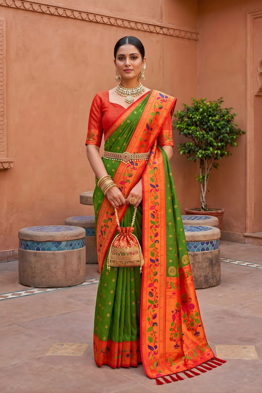 Graceful Parrot Green Soft Paithani Silk Saree Meenakari Motifs Design for Women