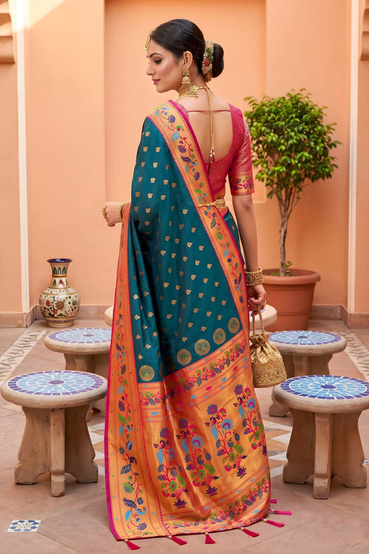 Stylish Teal Blue Soft Paithani Silk Saree Meenakari Motifs Design for Women