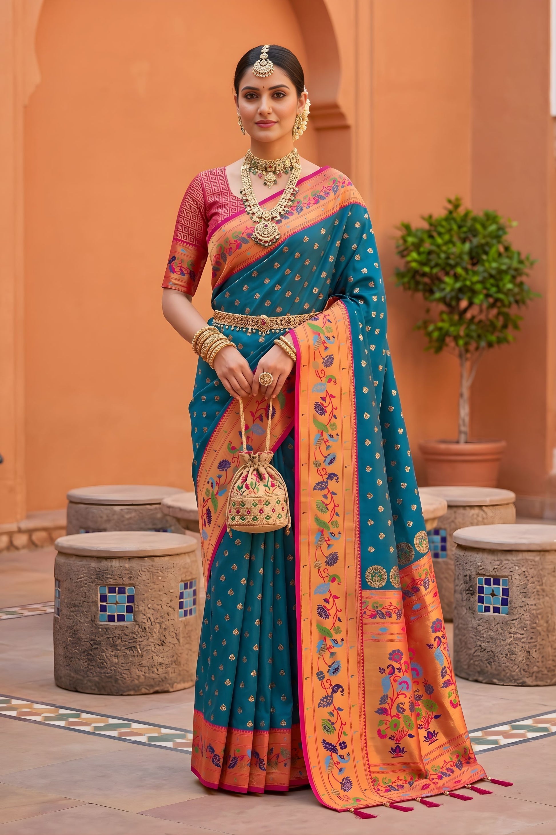 Stylish Teal Blue Soft Paithani Silk Saree Meenakari Motifs Design for Women