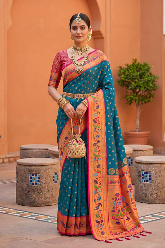 Stylish Teal Blue Soft Paithani Silk Saree Meenakari Motifs Design for Women