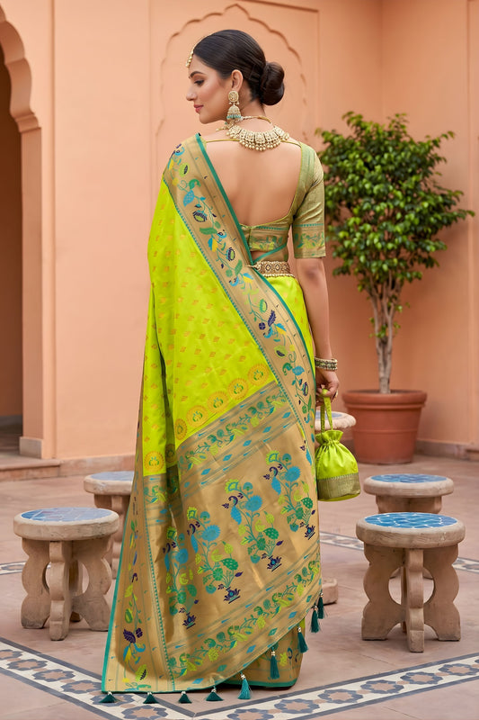 Elegant Lime Green Soft Paithani Silk Saree Meenakari Motifs Design for Women