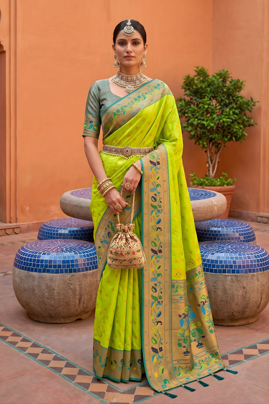 Elegant Lime Green Soft Paithani Silk Saree Meenakari Motifs Design for Women
