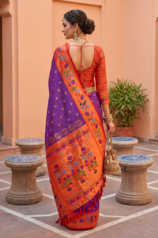 Vibrant Purple Soft Paithani Silk Saree Meenakari Motifs Design for Women
