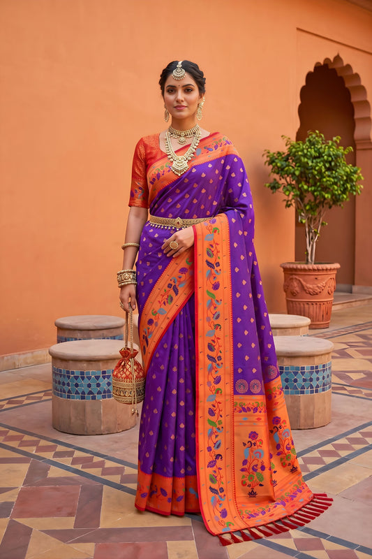 Vibrant Purple Soft Paithani Silk Saree Meenakari Motifs Design for Women