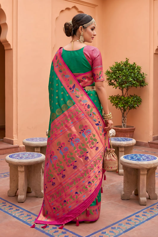 Emerald Green Soft Paithani Silk Saree Meenakari Motifs Design for Women