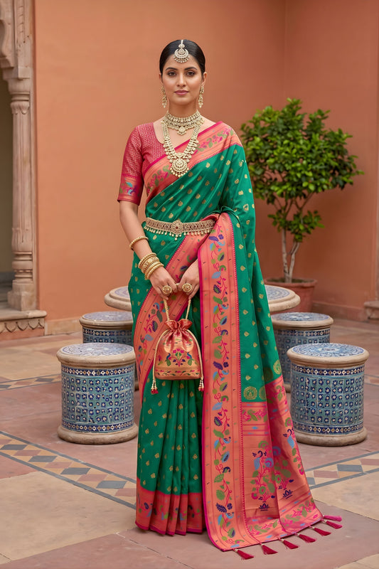 Emerald Green Soft Paithani Silk Saree Meenakari Motifs Design for Women