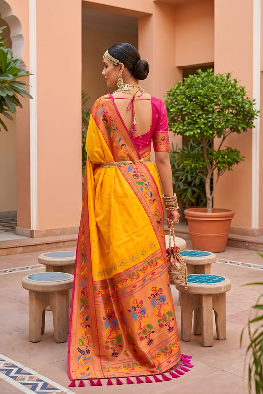 Stylish Mustard Yellow Soft Paithani Silk Saree Meenakari Motifs Design for Women