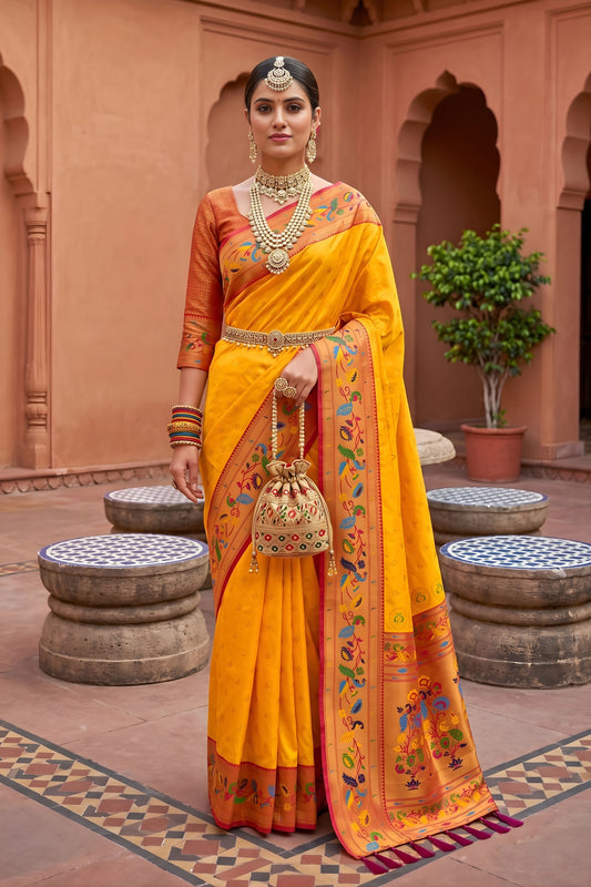 Stylish Mustard Yellow Soft Paithani Silk Saree Meenakari Motifs Design for Women