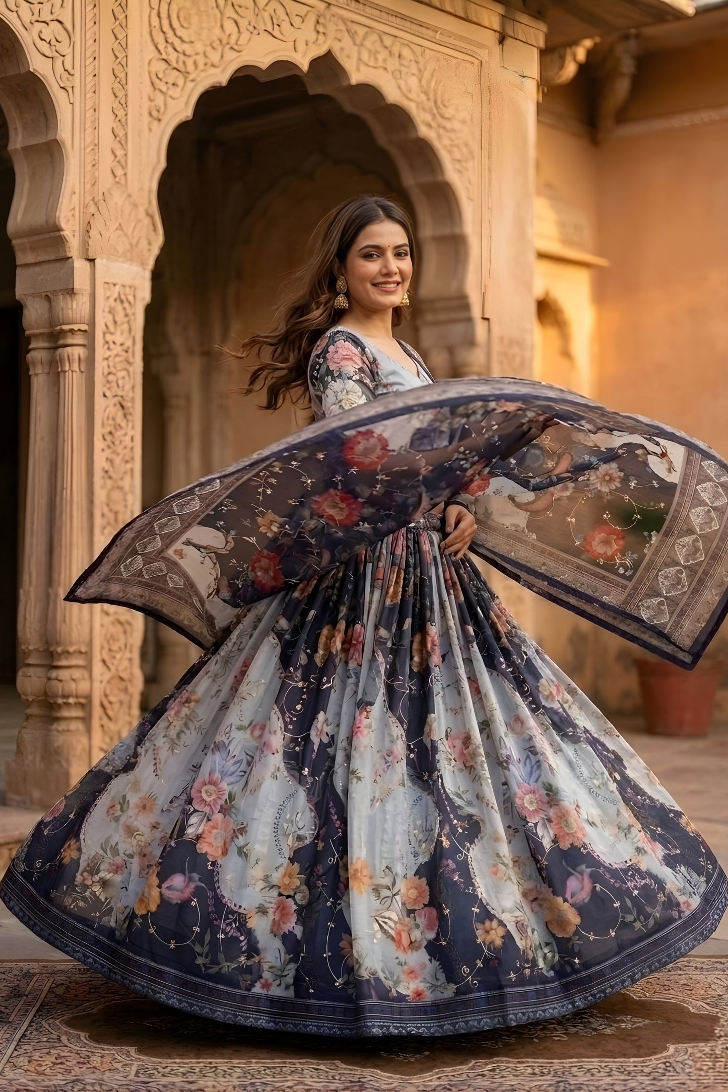 Elegant Grey Floral Digital Printed Tabby Silk Designer Lehenga Choli with Matching Dupatta for Wedding