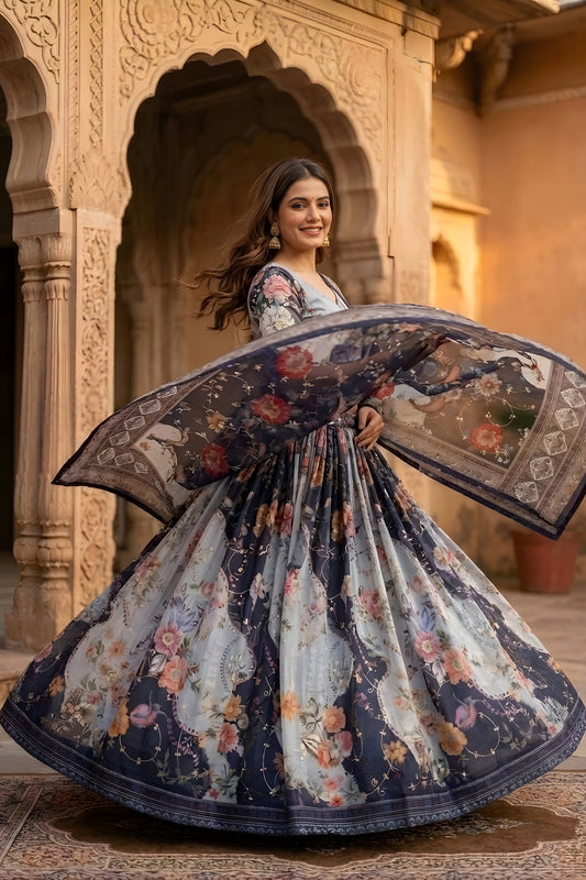Elegant Grey Floral Digital Printed Tabby Silk Designer Lehenga Choli with Matching Dupatta for Wedding