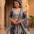 Elegant Grey Floral Digital Printed Tabby Silk Designer Lehenga Choli with Matching Dupatta for Wedding