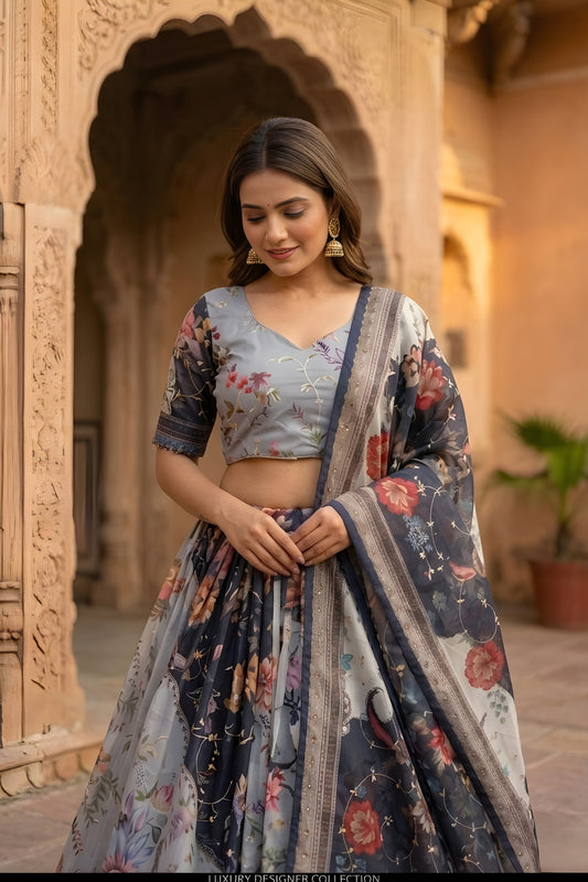 Elegant Grey Floral Digital Printed Tabby Silk Designer Lehenga Choli with Matching Dupatta for Wedding