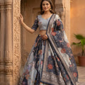 Elegant Grey Floral Digital Printed Tabby Silk Designer Lehenga Choli with Matching Dupatta for Wedding