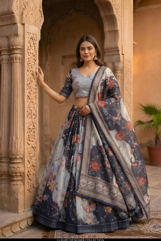 Elegant Grey Floral Digital Printed Tabby Silk Designer Lehenga Choli with Matching Dupatta for Wedding