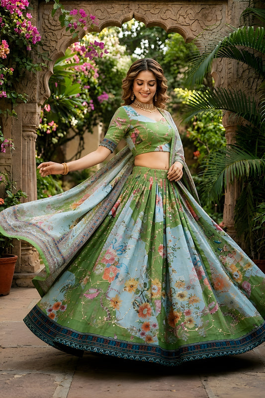 Stylish Olive Green Floral Digital Printed Tabby Silk Designer Lehenga Choli with Matching Dupatta for Wedding