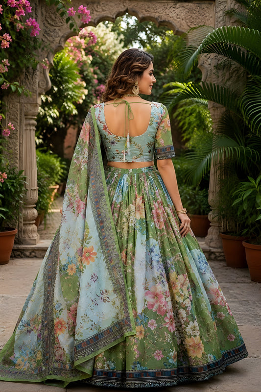 Stylish Olive Green Floral Digital Printed Tabby Silk Designer Lehenga Choli with Matching Dupatta for Wedding